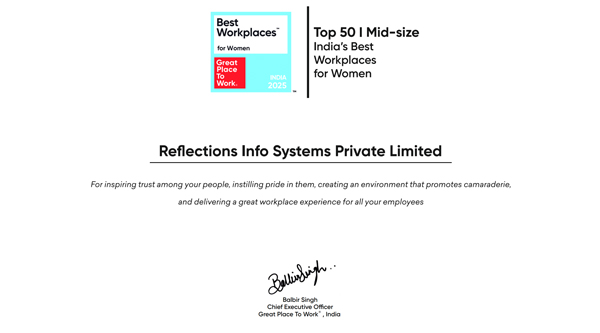 Reflections is among Top 50 India's Best Workplaces™ for Women 2025, Mid-Size Category